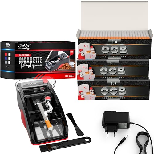 JeVx Máquina Entubar Eléctrica y Liar Tabaco Automática + 600 Tubos OCB, Máquina para Hacer Cigarros y Liadora de Cigarrillos, Máquina de Hacer Tabaco, Máquina de Liar Cigarrillos y Entubar Tabaco