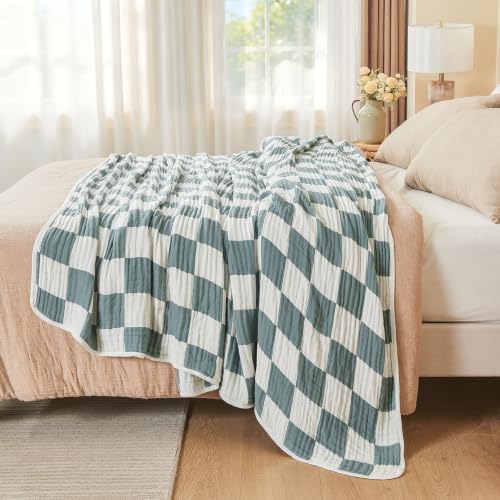 Image of EMME Cooling Muslin Twin Blanket - Checkered Lightweight Summer Cotton Blankets of Rayon Derived from Bamboo for Hot Sleepers, Ultra Soft Breathable All Season Gauze