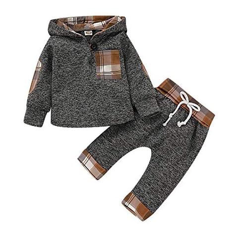 Baby Boys Clothes Newborn Boy Hoodie Pants Set Long Sleeves Toddler Plaid Babies Outfit - brown - 6-12 months Cover