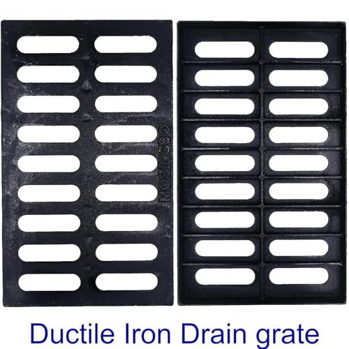 Image of Cast Iron Drain Grate, Driveway Channel Cover 20x12 in B-Class | Heavy-Duty Outdoor Trench Drainage, Black Rectangle Metal Sewer Cover for Garage, Yard, True 19.7x11.8