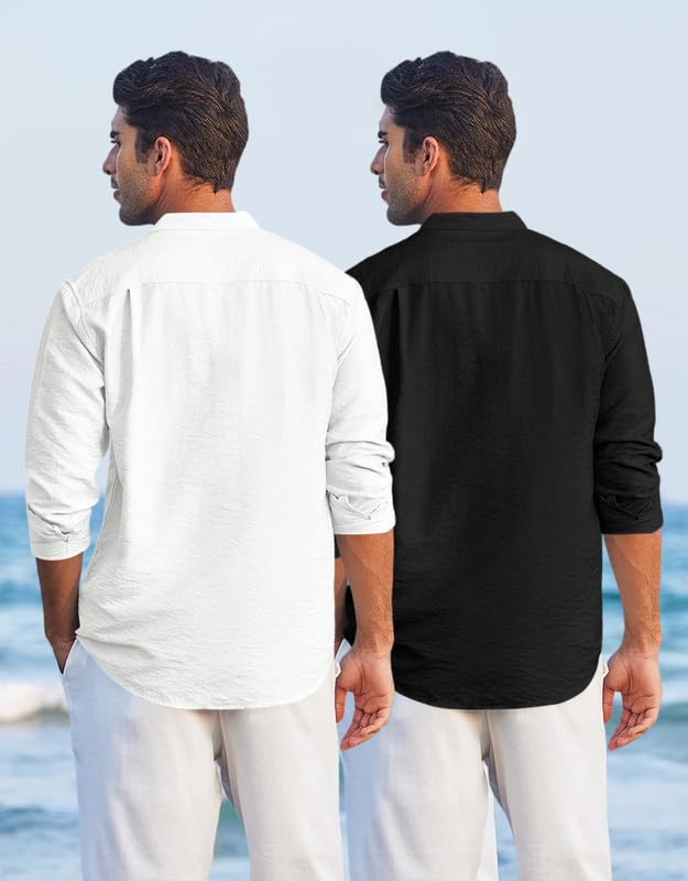 Image of Macsivo Combo of Men's Regular Fit Cotton Blend Solid Casual Short Kurta with Mandarin Collar and Pockets Kurta Pack of 2