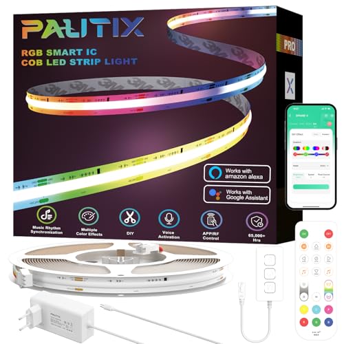 PAUTIX WIFI RGB Smart IC Ruban LED COB 10M Kit, DC24V Pixels à Changement de Couleur Adressable Smart RGB LED Bande Lumineuse améliorée pour Alexa/Google Assistant pour Projets d'Éclairage à Domicile