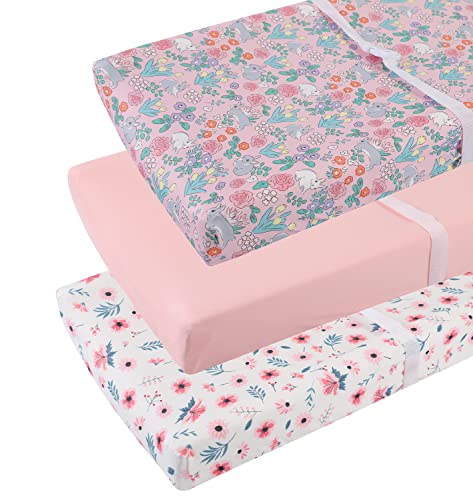 Image of Tontukatu Changing Pad Cover Set 3 Pack Jersey Knit Ultra Soft for Baby Boys Girls Floral/Grey Rabbit/Pink