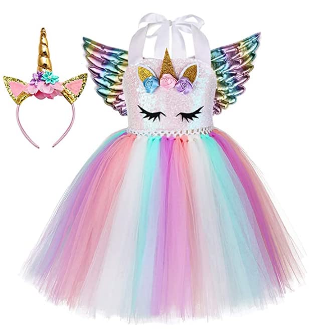 Rabtero Ropa de unicornio infantil, vestido de lujo princesa unicornio, vestido de ballet Unicornio rosa arcoíris, niña caminante Halloween/Navidad/carnaval/cumpleaños/fiesta