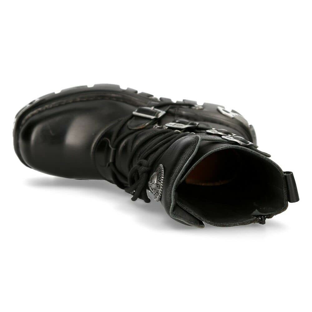 New Rock 373-S4 Bottes Gothiques Mi-Mollet Punk Gothiques en Cuir Noir Métallisé Avec Lacets et Fermeture à Boucle