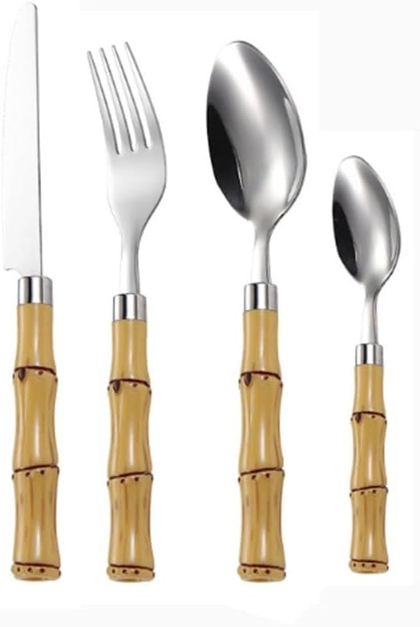 Bamboo Handle Kitchen Stainless Steel Silverware Tableware Flatware Cutlery Set Home Restaurants Banquets Steak Knives Forks Spoons (Silver,4 pieces)