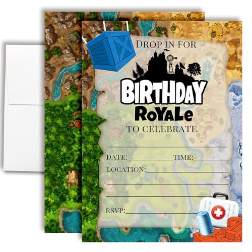 Fort Battle Video Gaming Birthday Party Invitations 20 5x7 Fill In Cards with Twenty White Envelopes by AmandaCreation Video Gaming Party Supplies