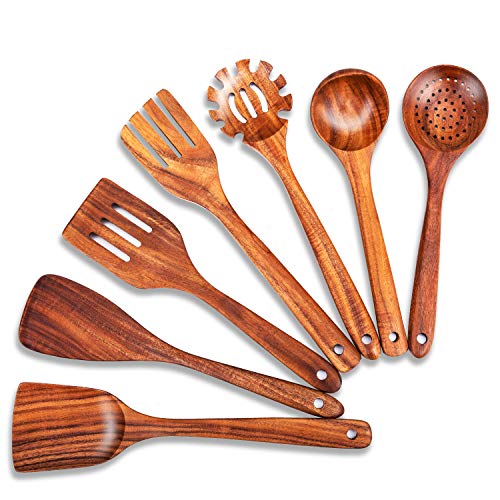 Lot de 7 ustensiles de cuisine en bois de teck naturel - Cuillères et spatules pour un usage domestique et une cuisine