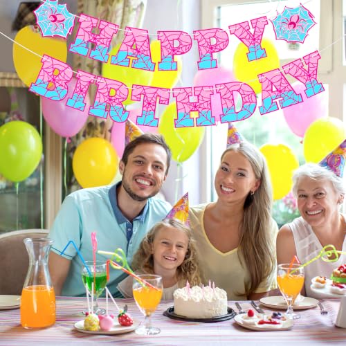 Image of Oudain Spider Theme Birthday Banner Pre-strung Web Flags,Pink Blue | Cartoon Backdrop Design, Happy Birthday Bunting for Party Supplies, Easy Hanging Decor for Themed Celebration