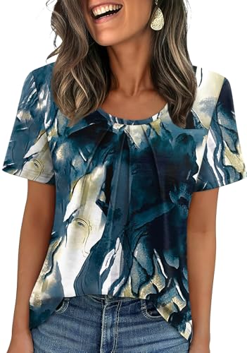 Image of WIHOLL Women T Shirts Pleated Short Sleeve Tops Business Casual Dressy Blouses