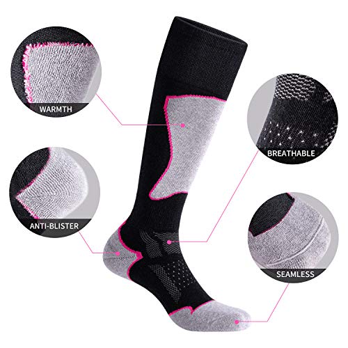 Celersport 2 Pack Women's Ski Socks For Skiing, Snowboarding, Cold Weather, Winter Performance Socks Gifts For Women Kids Youth Girls Boys, Black+Rose Red, Small #TOP2