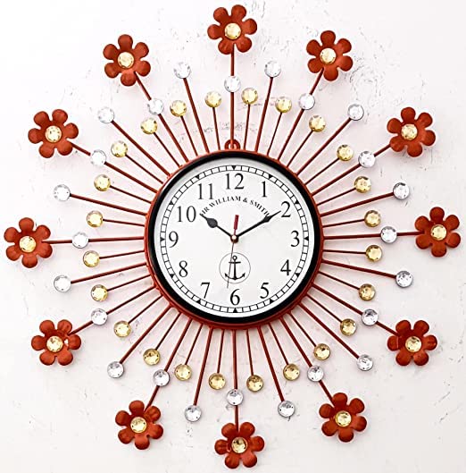 Buy Iron Wall Clock Orange Colour Beautiful Flower Design Numeric Number Wall Clock for Home