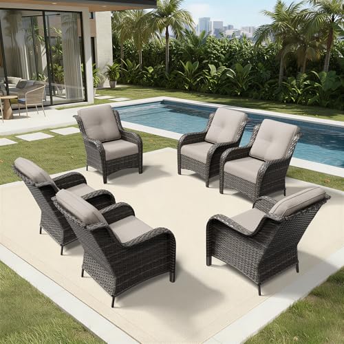 Image of Joyside 6 Piece Wicker Patio Furniture Set, Rattan Patio Chairs with High Back, Deep Seating, Wide Armrest, Thickened Cushions, Outdoor Furniture for Deck, Porch Use
