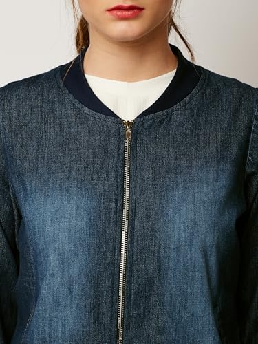 Image of Miss Chase Women's Polo Neck Full Sleeves Patch Pocket Denim Overcoat Knee-Length Jacket