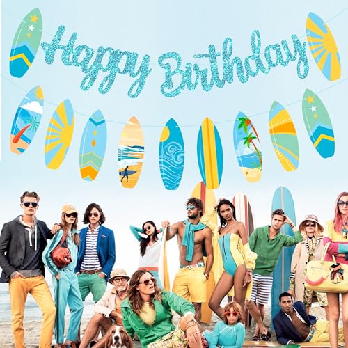 Image of 2pcs Summer Surfboard Happy Birthday Banners Summer Surfing Birthday Party Decorations Blue Glitter Surfing Birthday Banner Bunting Surfboard Banner for Tropical Hawaii Beach Surfing Supplies