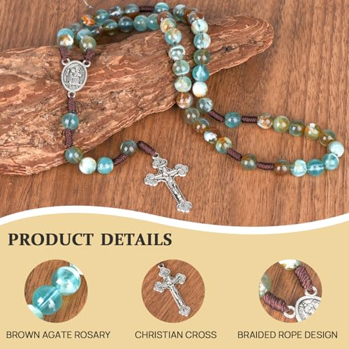 10mm Rosary Beads Catholic Necklace 18.5 Inch Agate Rosary Beads Catholic Necklace for Women/Men Handmade Braided Rosaries with Curcifix Cross and Holy Mary Medal(Green)3
