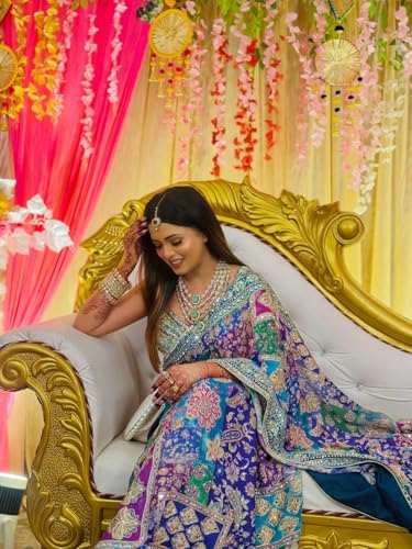 Image of Women's Soft Chinnon Silk Digital Print Saree with Embroidery and Real Mirror Work, Designer Traditional Saree with Elegant Piping Border and Unstitched Blouse