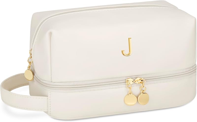 Necessaire de maquiagem CLOUDWINGS Bege com inicial metálica, 2 compartimentos e organizador de pincéis