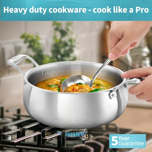Image of Hawkins Pro 5 Litre Handi with Lid, Triply Stainless Steel Sauce Pan for Cooking and Serving Biriyani, Silver (PSH50S)