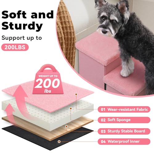 Image of Dog Stairs with Furry Lids 18 inch H, 3-Step Wider Dog Steps with Storage for Small /Medium /Large Dogs Cats, Folding Sturdy Pet Stairs Climbing Bed or Sofa, Ramp for Car Hold Up to 200 lbs, Pink