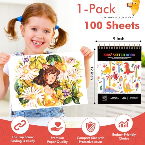 Image of Soucolor Sketch Book for Kids, 9 inch x 12 inch Kids Sketchbook, Boys & Girls Gift | 100 Sheets Tear-out Acid-Free Drawing Paper |Spiral bound Smooth Paper for Pencils Markers Crayons, Art Supplies for Kids 3+