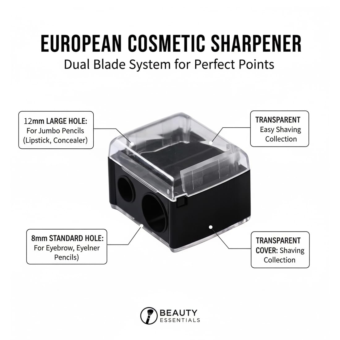 Temperamatite di Bellezza, 3 pezzi, Design portatile e compatto, Universale per Matite Cosmetiche (Eyeliner, Matita Sopracciglia, Matita Labbra), Temperino Doppio 2-in-1 (Nero)