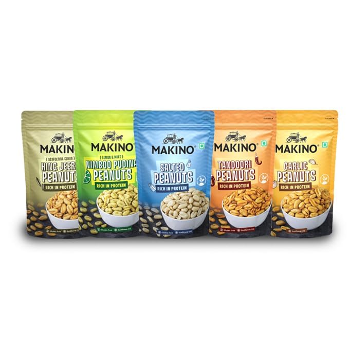 Makino Assorted Roasted Peanuts | Each 150 gm | Pack of 5 | Tandoori, Nimboo Pudina, Hing Jeera, Black Pepper, Garlic | Total 750g | Flavoured Peanuts | Super Crunchy (B0B65F5TWK) Amazon Price History, Amazon Price Tracker