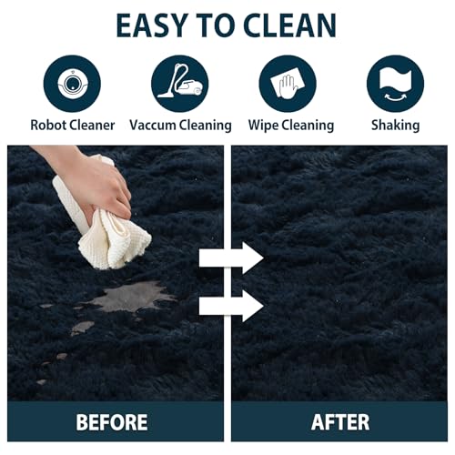 Fluffy Area Rug Blue 3x5 Rugs for Bedroom, Plush Soft Navy Blue Shag Carpet for Living Room Boys Book Room Nursery Kids Playroom Dorm Decor
