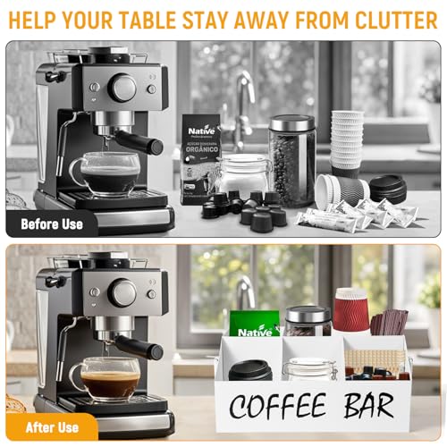Image of Coffee Station Organizer for Countertop,5Compartments Coffee Bar Accessories and Organizer with handles,Black Coffee and Tea Condiment Organizer,White Coffee Bar Deco