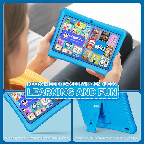 Image of Contixo K102 10 inch Kids Tablet Bundle - Wireless Kids Headphones, 32GB, Learning Educational Apps, Parental Controls, Dual Cameras, Shockproof Case with Kickstand & Stylus, Ages 3-7 - Blue