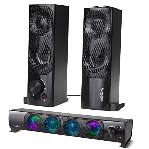 Audiocore Altavoz 2 en 1 2.0 para PC con función de Barra de Sonido Retroiluminación RGB Altavoz estéreo 2x3W RMS Fuente de alimentación AUX 3,5 mm USB