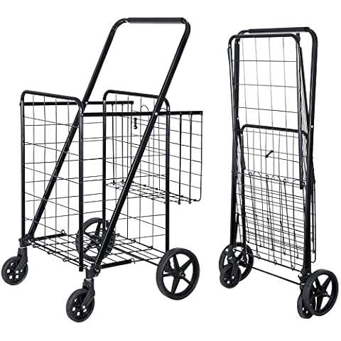 SUPER DEAL Folding Shopping Cart with Wheels and Double Basket for Groceries Laundry Book Luggage Travel, Black Cover