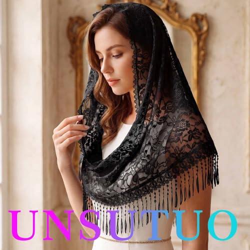Image of Unsutuo Triangle Mantilla Veil White Lace Chapel Veils with Comb Catholic Mass Head Covering Scarf for Brides and Women