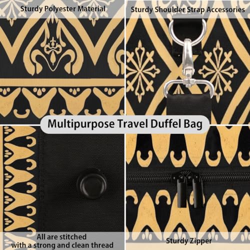 Travel Duffle Bag Golden Ethnic Pattern Foldable Travel Bags for Men Women, 17 Inch Gym Bag Workout Bag Carry on Weekender Overnight Bag for Gym Travel3