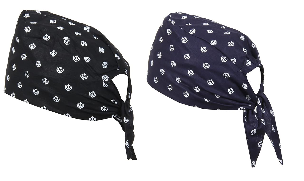 Samyuktha 2 piezas Khanda Printed 100% algodón ajustable Patka, bandana, gorra de calavera para hombres y mujeres, negro y azul, Azul,Negro, M/4XL