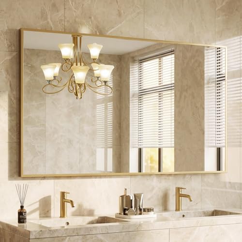 Image of NEWBULIG 30 inch x 48 inch Gold Rectangle Bathroom Mirrors for Wall, Morden Wall Mirror with Metal Frame, Tempered Glass, Vanity Mirror for Over Sink, Entryway, Living Room, Anti-Rust, Horizontal or Vertical