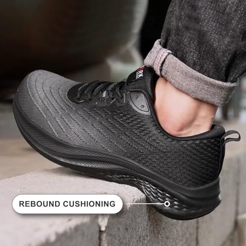 Image of LARNMERN Steel Toe Shoes Men Non Slip Comfortable Lightweight Work Safety Sneakers Cushioning Indestructible Tennis Construction Shoes 51637 (13 Men, Black Gray)