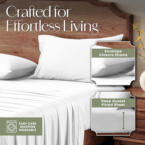 Image of Slumberfy 4-Piece 400 TC Viscose Derived from Bamboo Sheets, Cal-King Size - 1 Fitted, 1 Flat, 2 Pillow Cases - Deep Pocket Cooling Viscose-Bamboo Bed Sheets in Magnetic Closure Gift Box, White