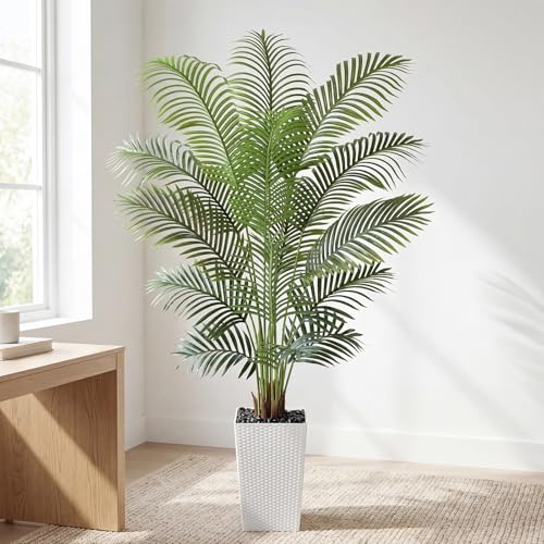 Image of 6ft Artificial Palm Tree with White Planter - Tall Fake Palm Tree Indoor Fake Tropical Plant for Home Office Living Room Bedroom Modern Decor