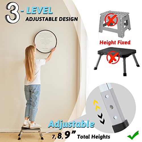 Double Elite FSS02-GY 3 Levels Adjustable Folding Step Stools For Adults, Sturdy Metal Rv Step Stool, Safer Foldable Small Kitchen Stepping Stool For Kids Seniors Bed, Multi-Use Office Foot Stool Under Desk thumb #2