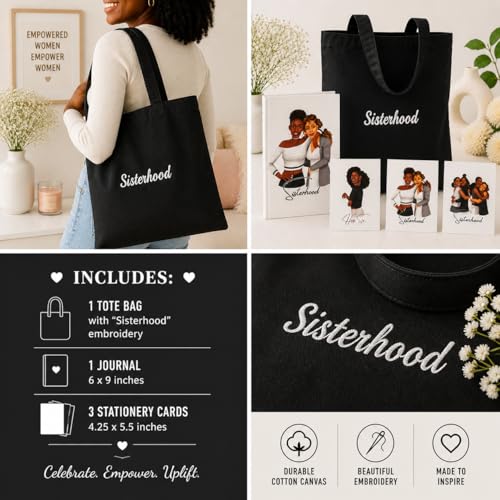 Image of Sisterhood Tote Bag, Journal and Stationery Gift Set, 6x9 inch Lined Journal, 3 Greeting Cards, Embroidered Canvas Tote, Gift Pack for Friends and Sisters (Black+White)