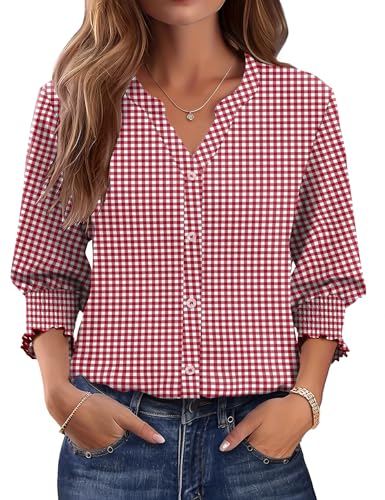 LOMON 3/4 Length Sleeve Womens Tops V Neck Button Down Blouses for Women Dressy Casual Summer Outfits 2026 Trendy Red Plaid L