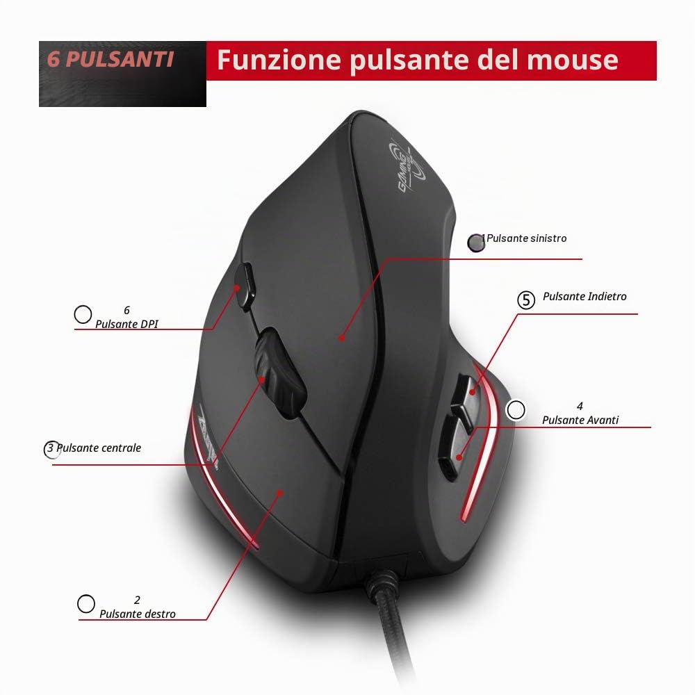 zelotes Mouse Verticale Cablata, 3200DPI,6 Pulsanti,Protegge Il Braccio,Illuminazione a LED,Design Ergonomico,Mouse con Filo Ottico USB per PC,Laptop,Mac,Nero