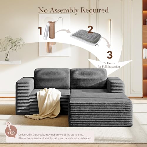 Image of Vesgantti 80 inch Modular Sectional Sofa, Corduroy Cloud Couch with Deep Seats & Spring Support, Compact 2 Seater Boneless Couch, L-Shaped Modular Sofa for Small Spaces, Apartments, No Assembly, Grey