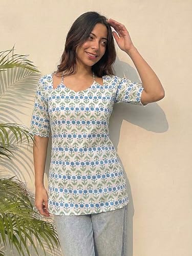 Image of ANNI Designer Women's Viscose Blend Printed Short Kurti | Straight Fit Casual Ethnic Top | Square Neck 3 /4 Sleeve Kurta Office College