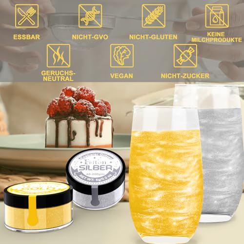 Essbarer Glitzer für Getränke - Fidton 2 Farben Lebensmittelfarbe Pulver Set, Glitzer Essbar für Torten, Fondant Gold, Donut, Edible Glitter für Getränke, Cocktail, Essbares Gold und Silber - 5 g
