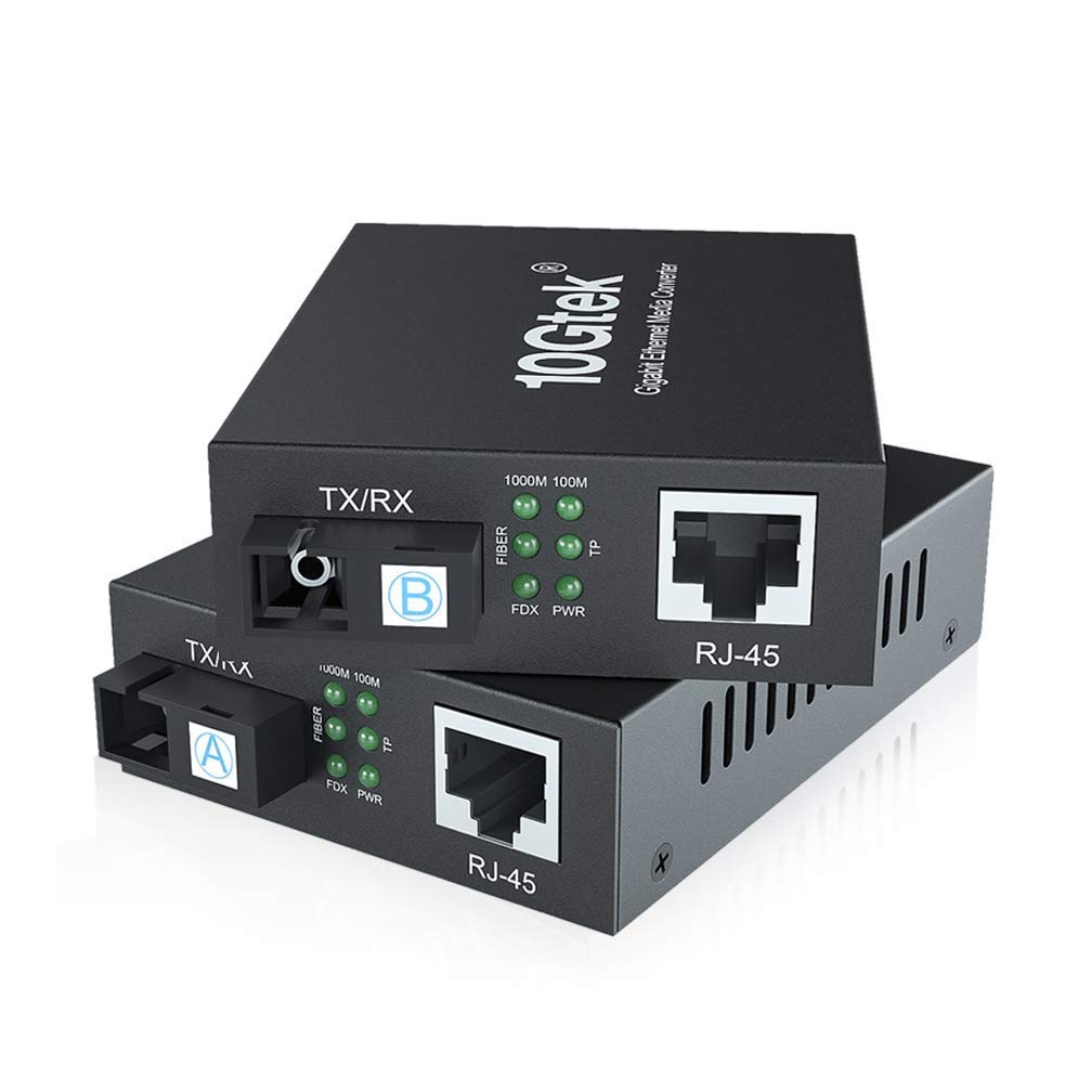 un par de Bidi Gigabit Ethernet Media Converter, 1.25G SFP to RJ45 Fiber to copper, Built-in Bidi SFP Transceiver (1000Base-LX, 20km, singlemode simplex SC)