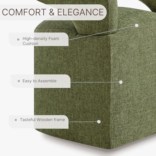 Image of KISLOT Upholstered Dining Chairs Set of 4, Modern Rolling Dining Chairs with Hidden Casters, Arm Kitchen Chairs with Linen Look Fabric, Padded Barrel Chairs for Dining Room, Kitchen, Bedroom, Green