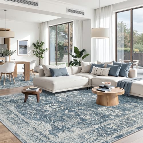 Madane 8x10 Area Rugs for Living Room, Machine Washable Vintage Rug with Non-Slip Backing, Soft Floral Print Large Throw Rugs, Thin Carpet for Bedroom Dining Room Farmhouse (8 x 10, Cadet Blue)