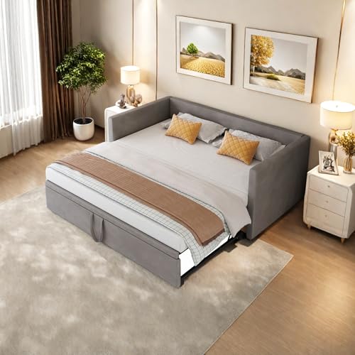 NSXSBUZ Schlafcouch Schlafsofa 90/180x200 cm, Multifunktionales Schlafsofa Bett mit Ausziehbett, Doppelschlafsofa mit Lattenrost, Samt, ohne Matratze (Grau, 90/180x200cm)